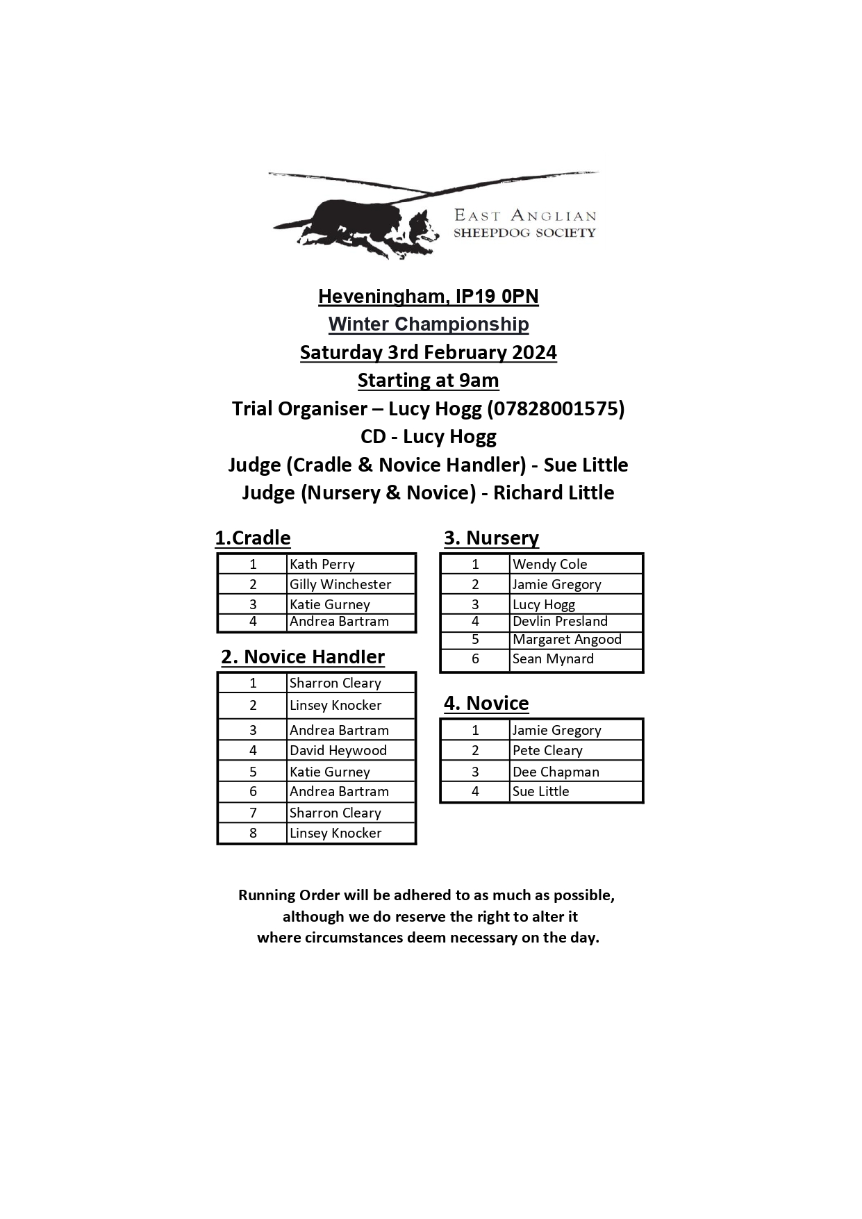 Winter Championship Running Order